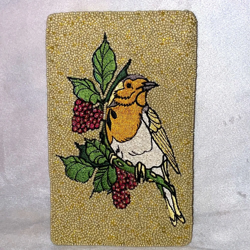 NWOT Beaded & Embroidered Bird Design Tan & Green Bird Sling Bag. - Picture 2 of 5